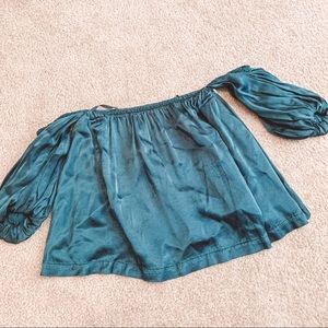 Urban Outfitters teal off the shoulder satin top